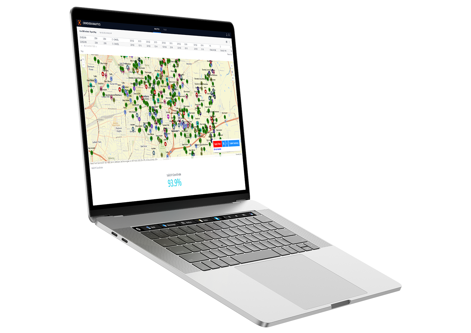 A laptop displays a map view of CentralSquare's Crimeview solution.