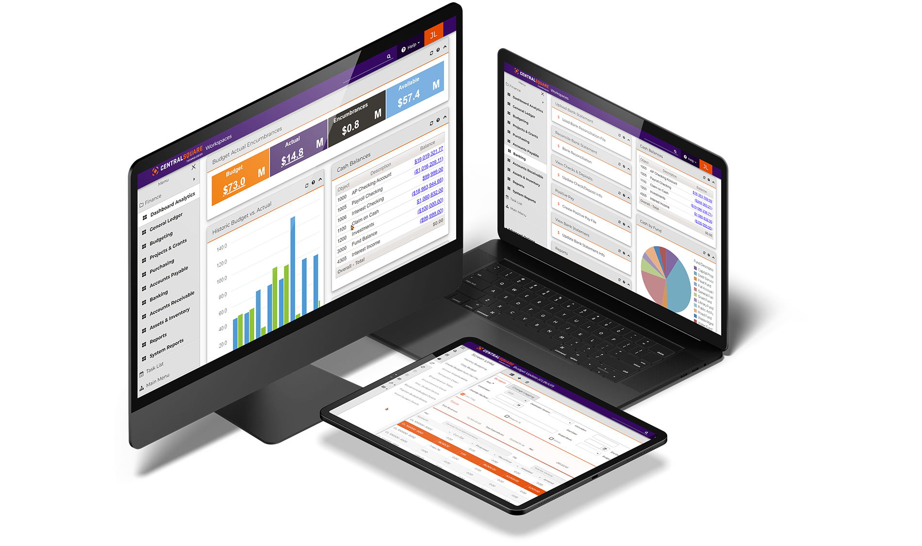 A desktop, laptop and tablet all display different views of the CentralSquare Finance Enterprise solutions.