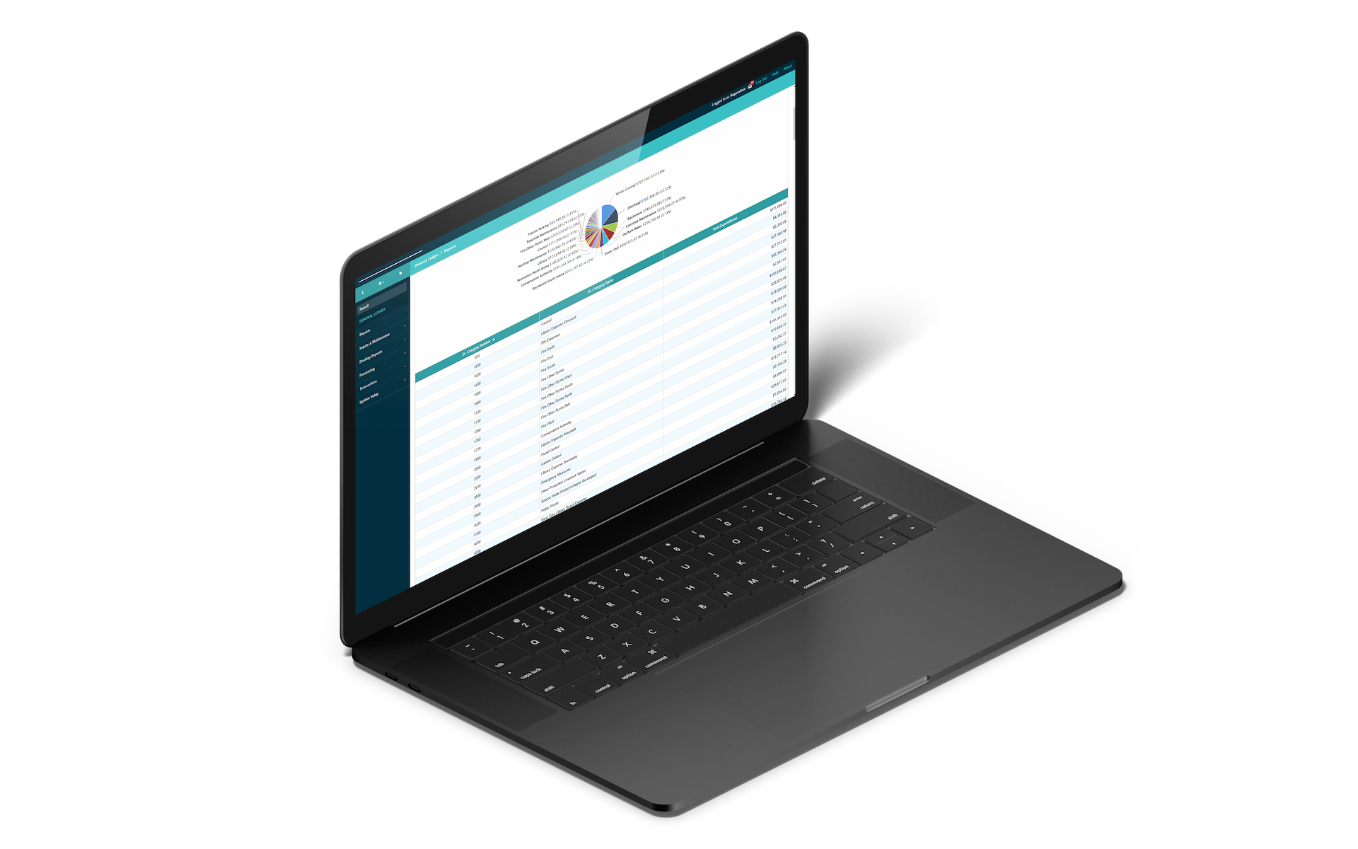 A laptop displays a data table within CentralSquare's Vadim-iCity solution.